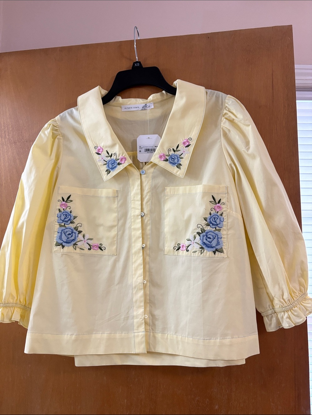 Altar'd State Pale Yellow Embroidered Button-Up Blouse
